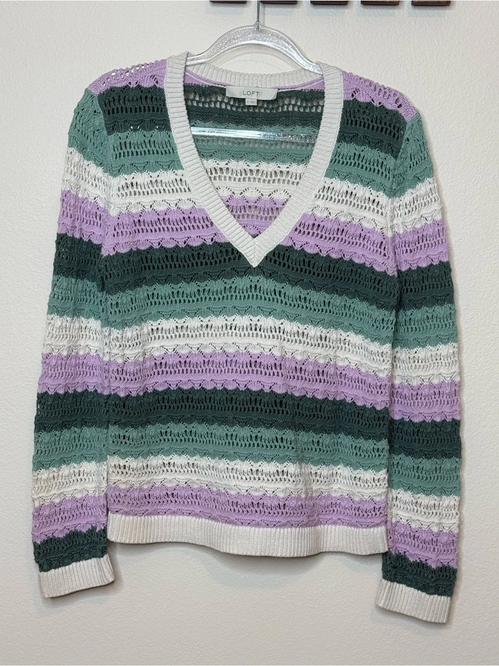 LOFT Striped Open-Knit V-Neck Sweater in Lavender, Green & White size Medium